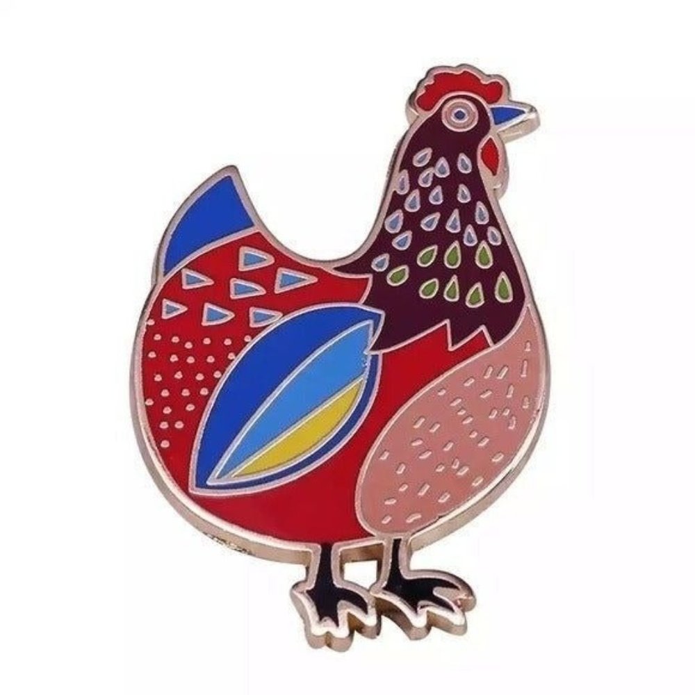 Chicken hen enamel pin feather bird gold blue flair